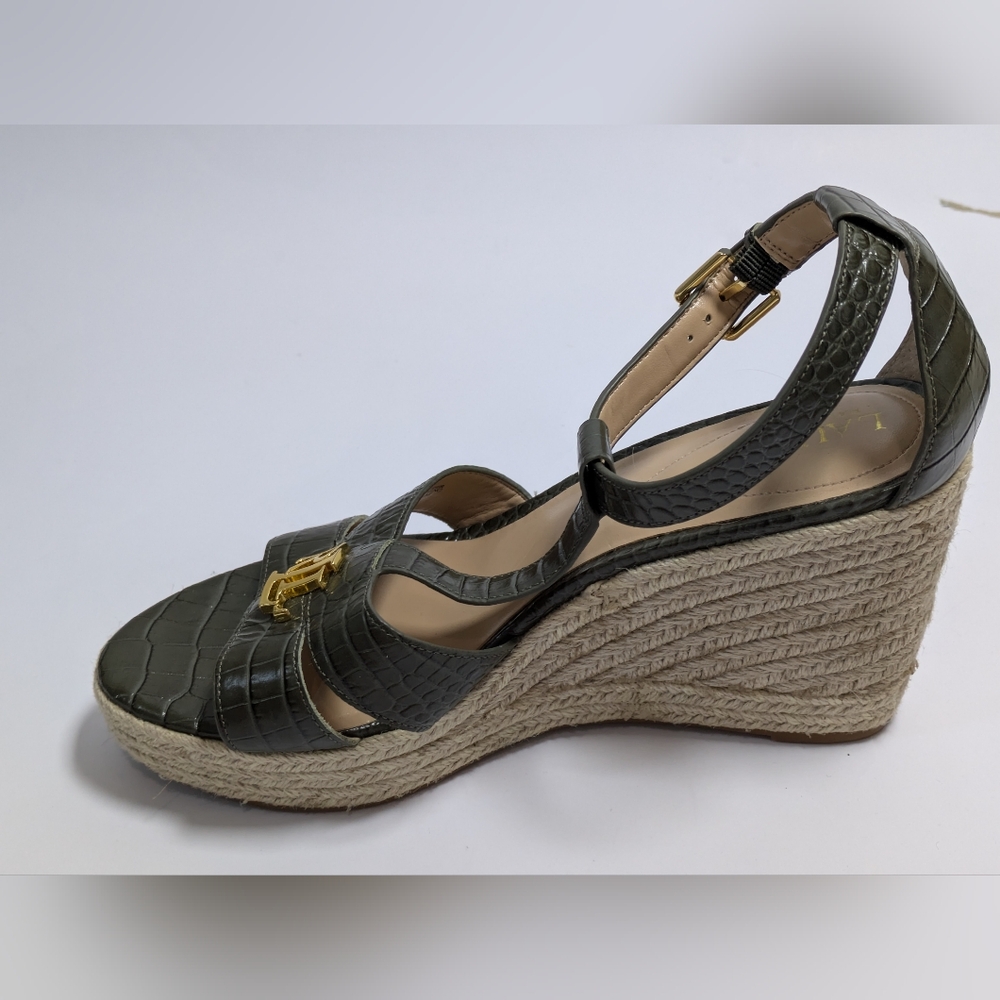 Ralph Lauren Hale Wedge T-Strap Open Toe Green Leather Sandals Size 10 B - Picture 9 of 10